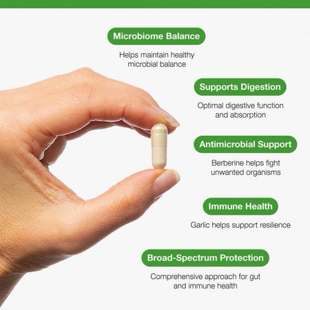 Hand holding a supplement pill with text about its benefits on a white background