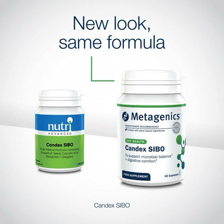 Two supplement bottles labeled 'nutri' and 'Metagenics' on a white background with text 'New look, same formula'.