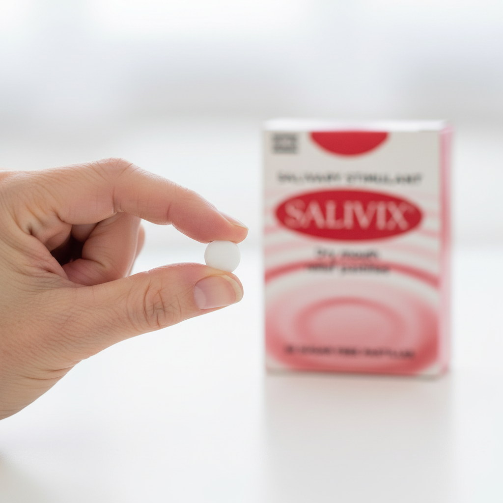Hand holding a white pill with a Salivix box in the background