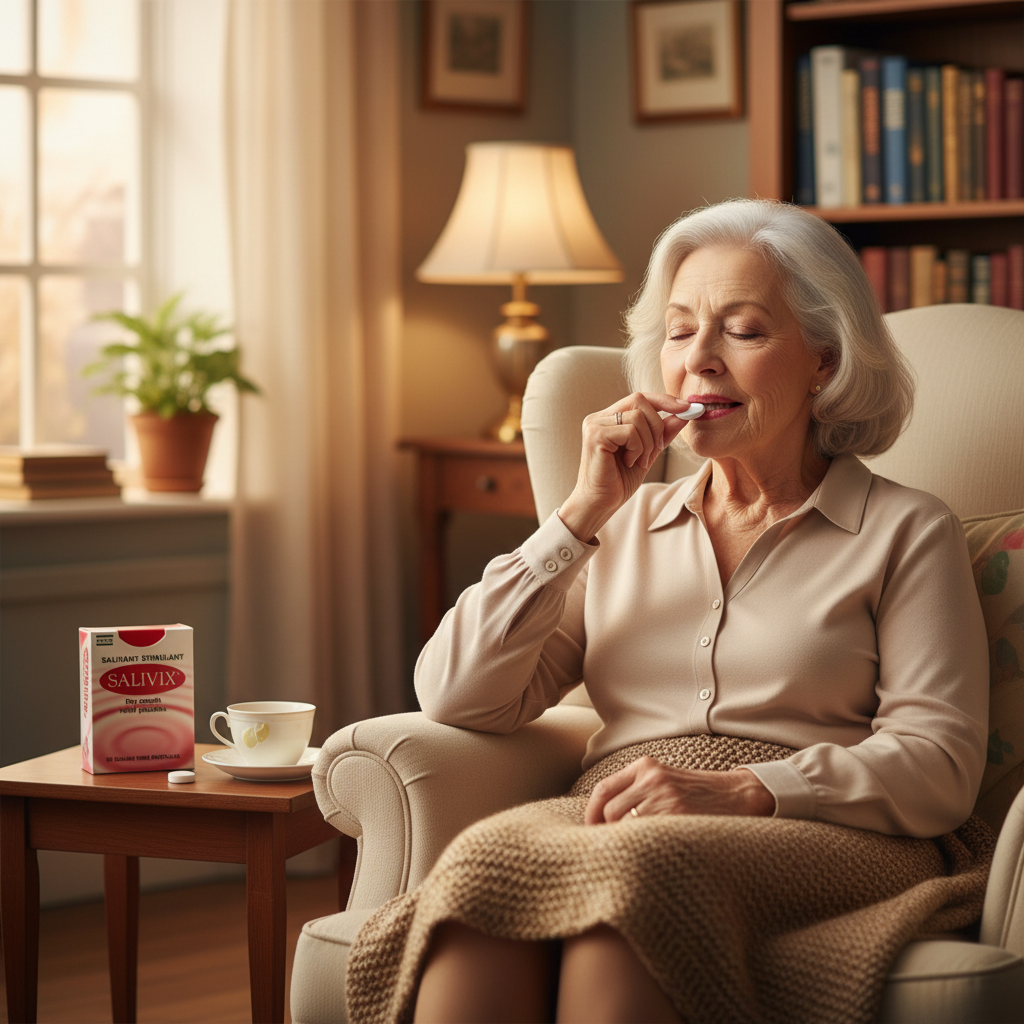 Woman sitting in a cozy living room with a box of Sensitive and a cup on a table.