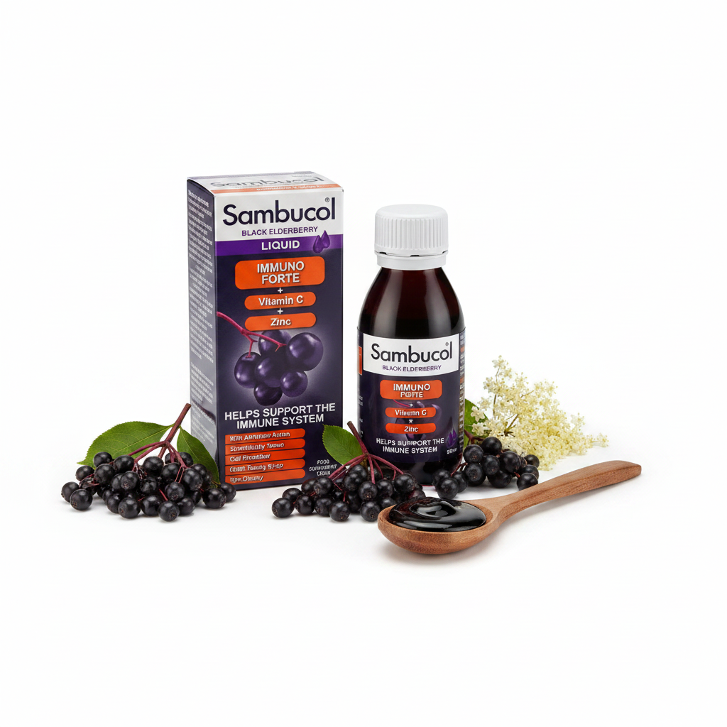 Sambucol Liquid with blackberries white background