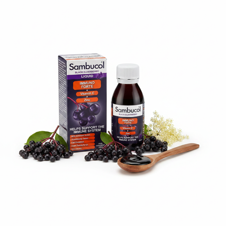Sambucol Liquid with blackberries white background