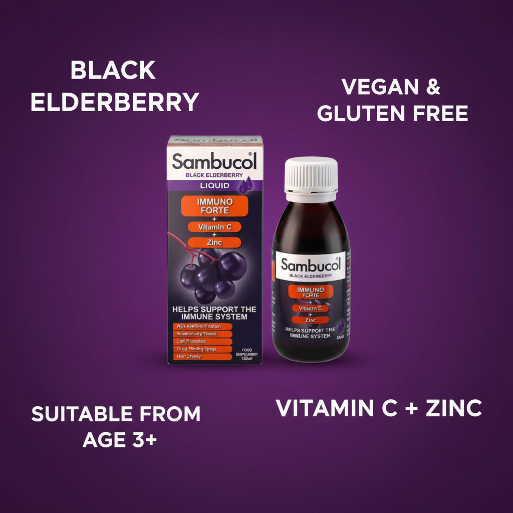 Sambucol Liquid benefits info on purple background
