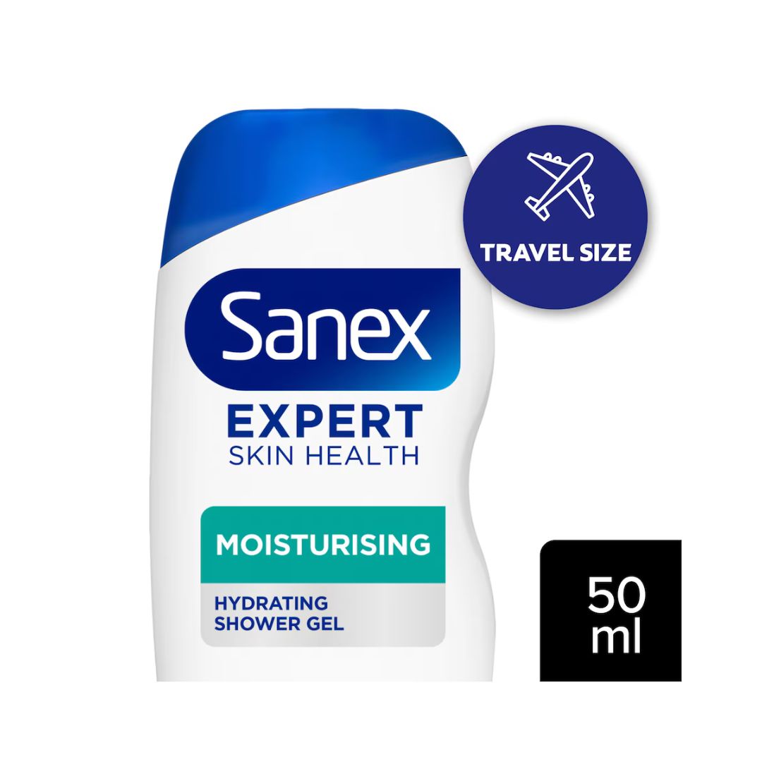 Sanex Expert Skin Health moisturising shower gel in a 50 ml travel-size squeeze bottle, shown on a white background with a blue 'Travel Size' badge and a black '50 ml' box.