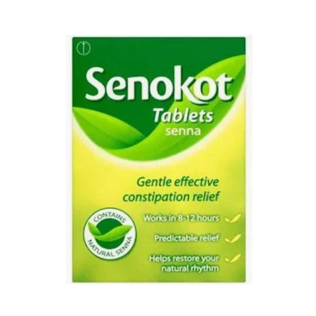 Senokot Tablets packaging with green and yellow design on a white background