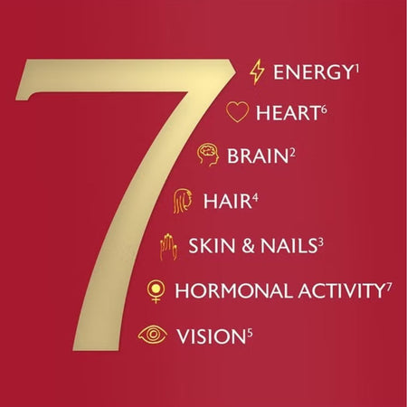A red graphic with a large gold number 7 and white text listing benefits: energy, heart, brain, hair, skin & nails, hormonal activity, and vision, each with a small icon.