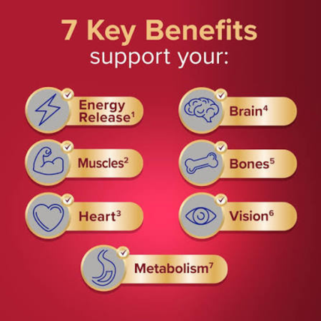 7 Key Benefits chart on a red background with icons and text.