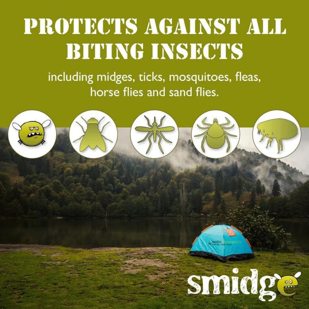 A promotional graphic for Smidgo bug repellent spray, featuring a scenic camping lake landscape with a blue tent, a green header with white text listing insect types, and five bug icons. The Smidgo brand logo is shown at the bottom right.