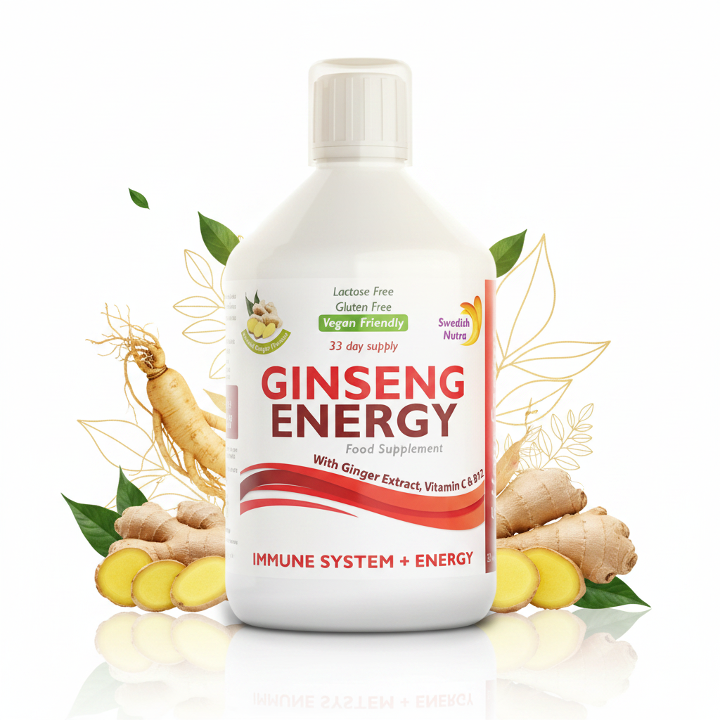 Bottle of Ginseng Energy supplement with ginseng root and ginger on a white background