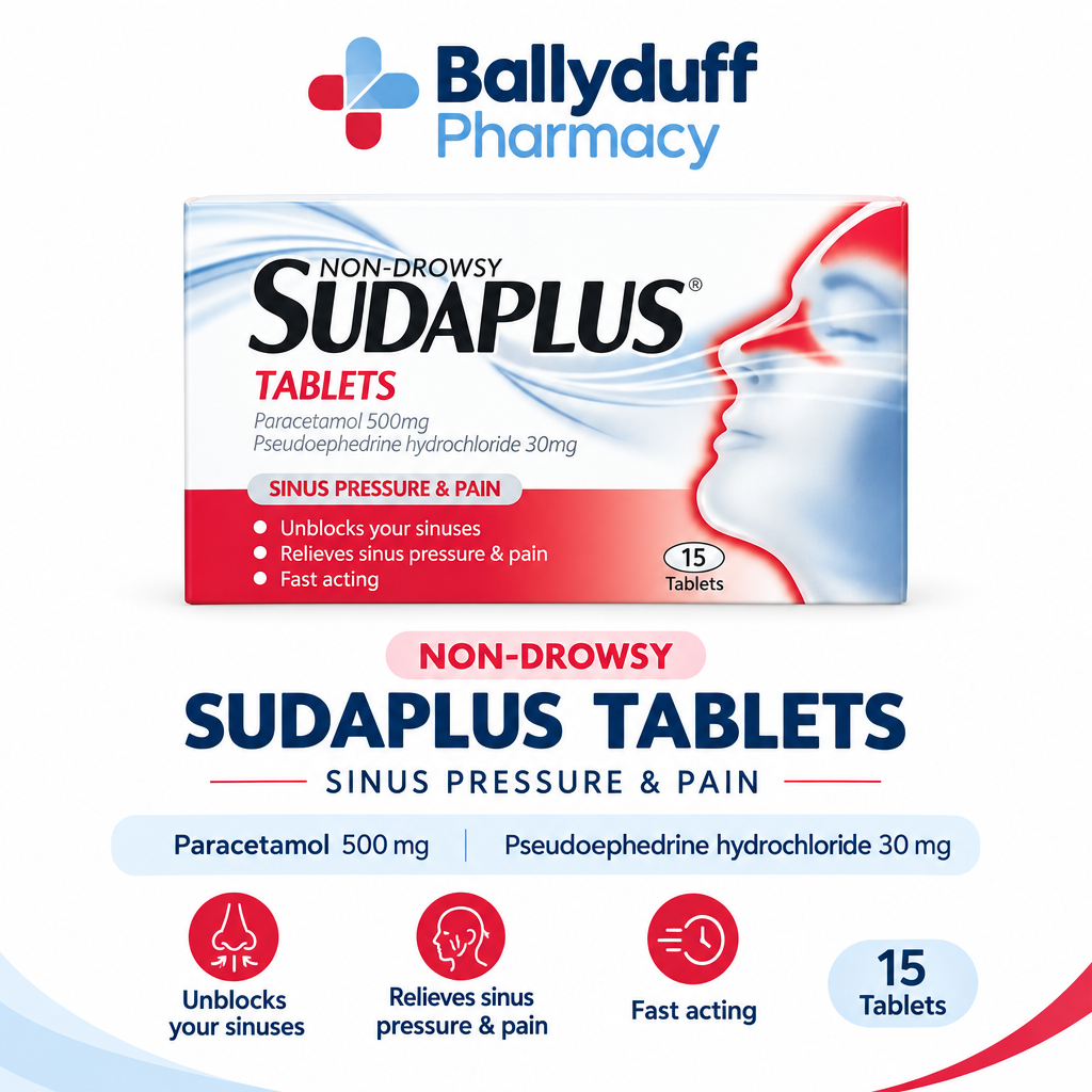 Ballyduff Pharmacy Sudaplus Tablets packaging and product information on a white background. The box shows a red, white, and blue design with a side profile of a human face, and text indicating non-drowsy sinus pressure and pain relief, 15 tablets.
