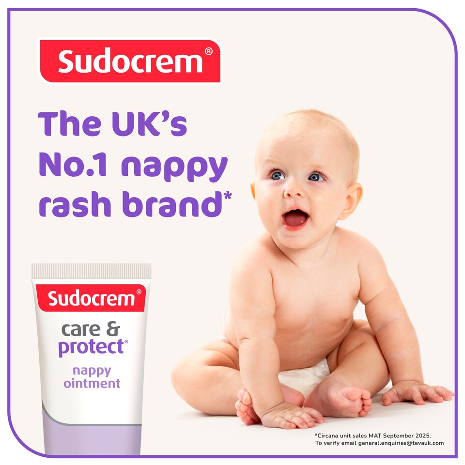 Sudocrem nappy ointment advertisement featuring a baby sitting on a white background with promotional text and a product tube shown in the lower left.