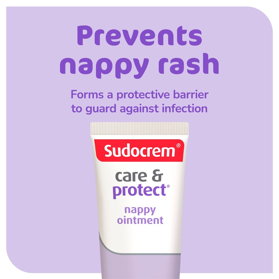 Sudocrem care & protect nappy ointment tube shown against a light purple background with promotional text stating it prevents nappy rash and forms a protective barrier against infection.