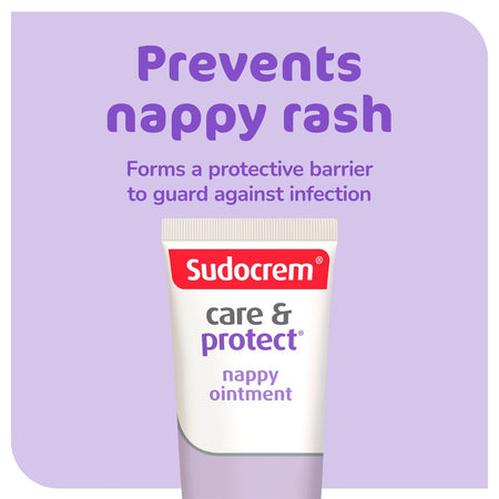 Sudocrem care & protect nappy ointment tube shown against a light purple background with promotional text stating it prevents nappy rash and forms a protective barrier against infection.