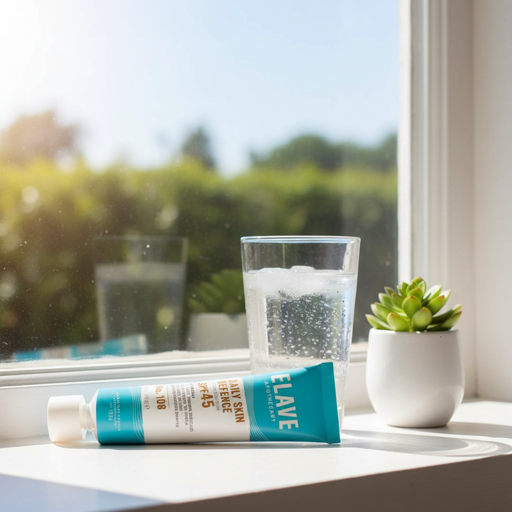 ELAVE SPF 45 TUBE IN A WINDOW WITH SUN SHINING