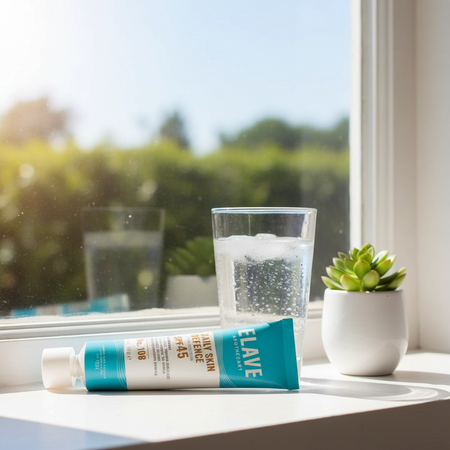 ELAVE SPF 45 TUBE IN A WINDOW WITH SUN SHINING