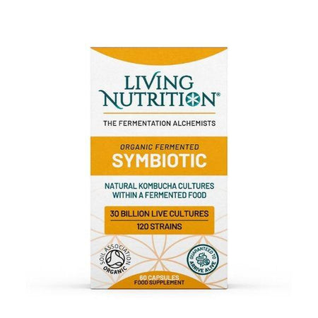 Living Nutrition organic fermented symbiotic supplement packaging on a white background
