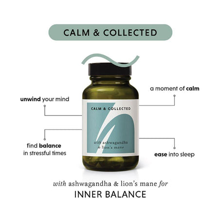 Bottle labeled 'Calm & Collected' with text about its benefits on a white background