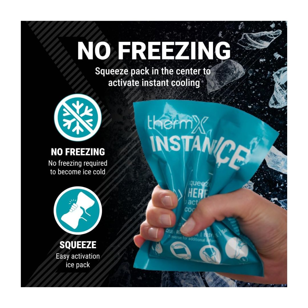 ThermX Instant Ice Cooling Packs 2 Pack 'NO FREEZING' graphic on a black background