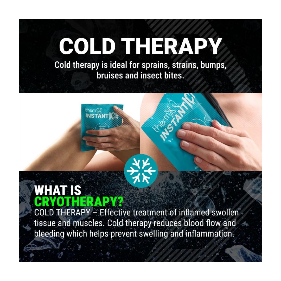 ThermX Instant Ice Cooling Packs 2 Pack 'COLD THERAPY' graphic on a black background