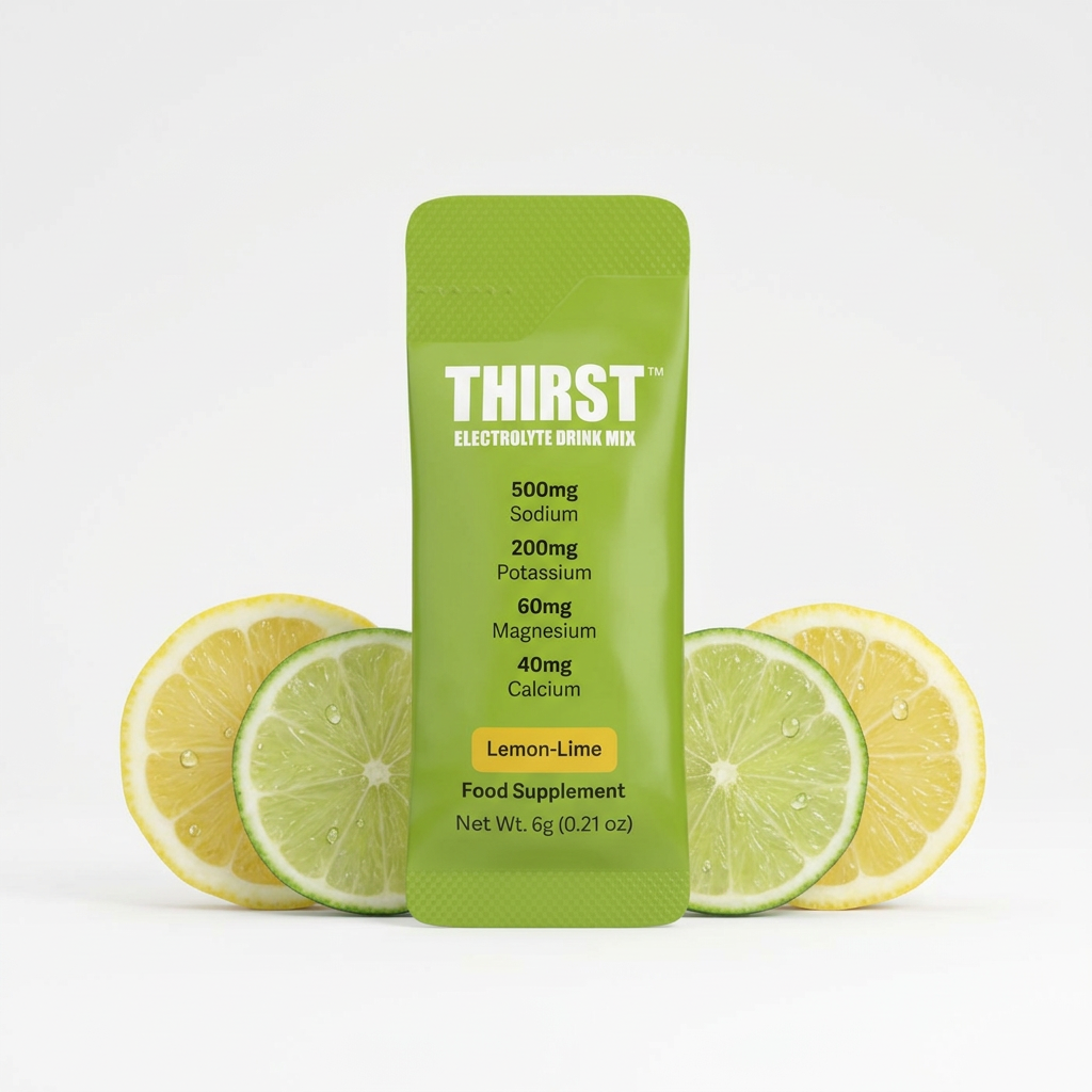 A single packet of Thirst Electrolyte Drink Mix in Lemon-Lime flavor stands upright on a white background, flanked by sliced lime and lemon fruits.