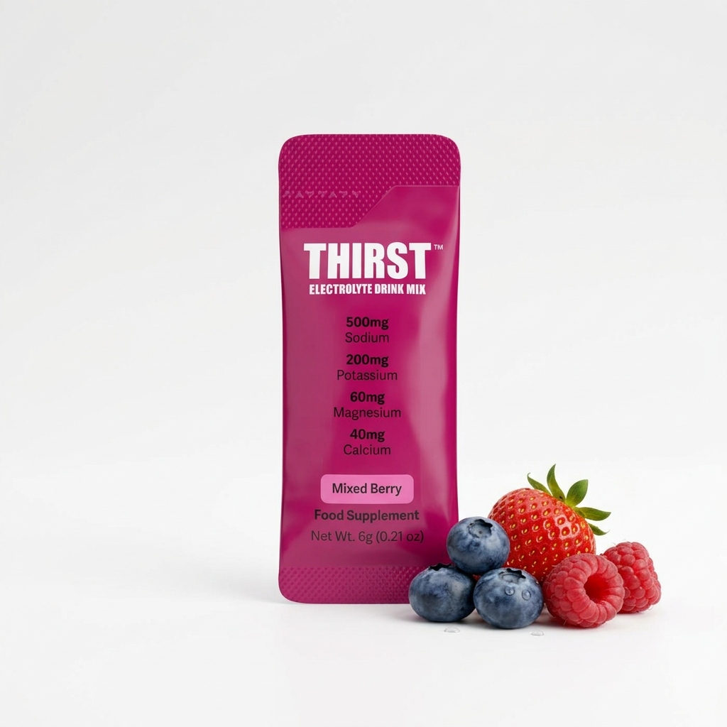 A single packet of Thirst Electrolyte Drink Mix in the flavor Mixed Berry, displayed next to fresh berries (blueberries, raspberries, and a strawberry) on a clean white background.