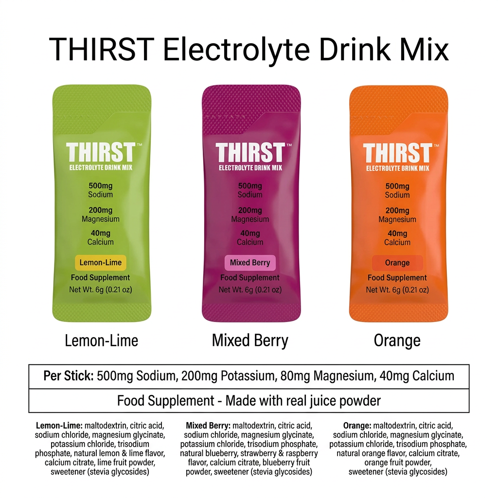 Three THIRST Electrolyte Drink Mix stick packs shown side by side on a white background, labeled Lemon-Lime, Mixed Berry, and Orange, with a text table below detailing ingredients and facts. Ballyduff Pharmacy