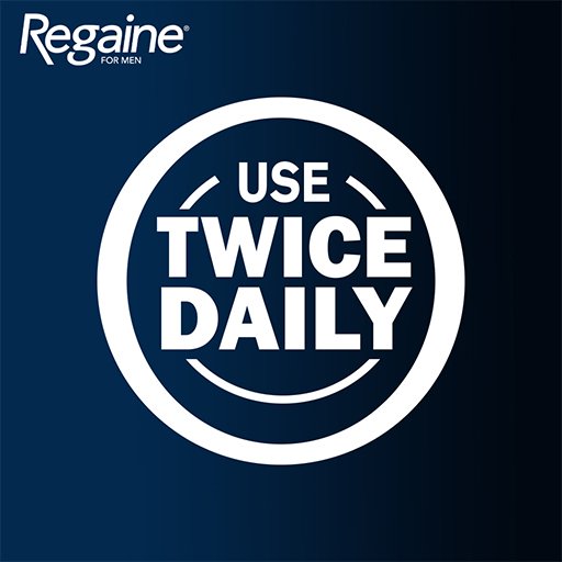 A dark blue square graphic with a white circular badge reading 'USE TWICE DAILY' and the Regaine FOR MEN logo in the top left corner.
