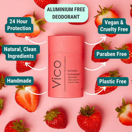 VICO deodorant stick with strawberry background and feature text