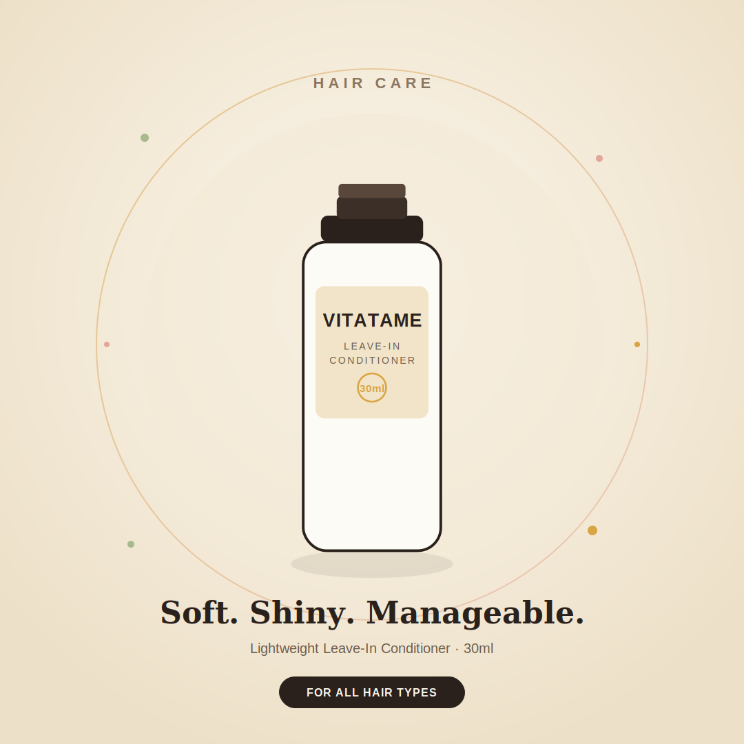 A minimalist product graphic for Vitatame Leave-In Conditioner. The product is depicted as a white bottle with a dark brown cap, centered inside a thin circular frame on a warm beige background.