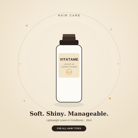 A minimalist product graphic for Vitatame Leave-In Conditioner. The product is depicted as a white bottle with a dark brown cap, centered inside a thin circular frame on a warm beige background.