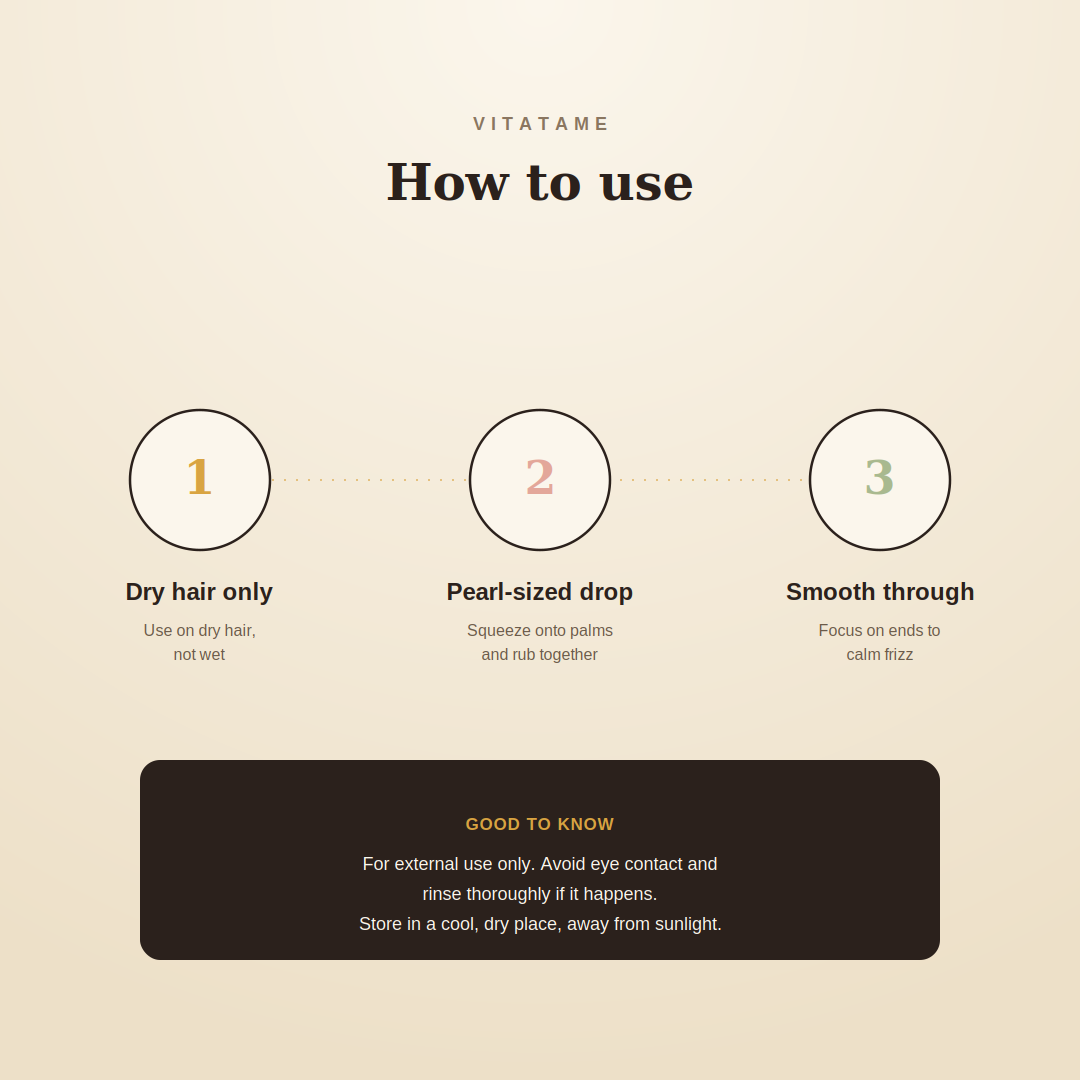 An instructional graphic titled 'How to use' for VITATAME hair smoothing drops, showing three numbered steps: dry hair only, pearl-sized drop, and smooth through, with a dark brown 'Good to know' box at the bottom on a light beige background.