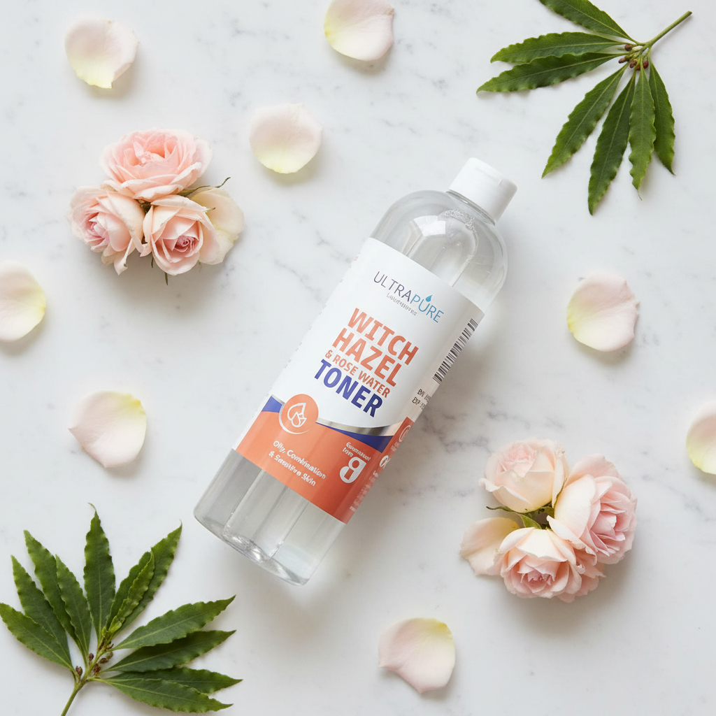 Witch Hazel Toner with a white background and some flowers