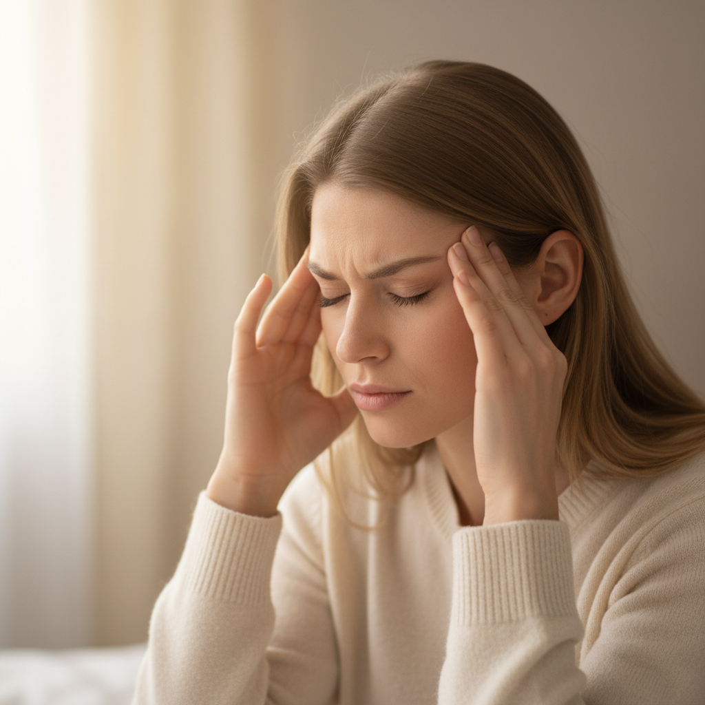 Woman with a headache holding her temples in a softly lit room.