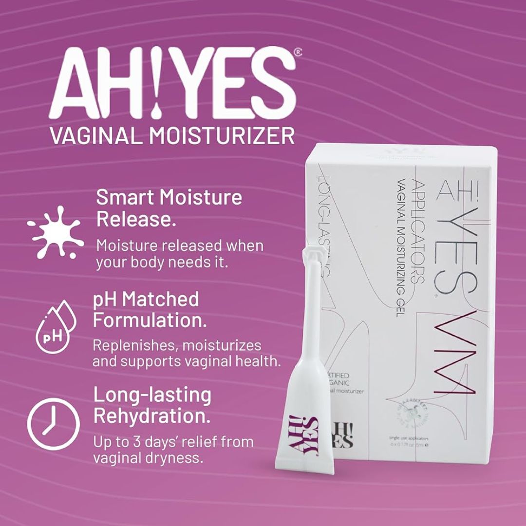 AH!YES vaginal moisturizer packaging with product and applicator on a purple background